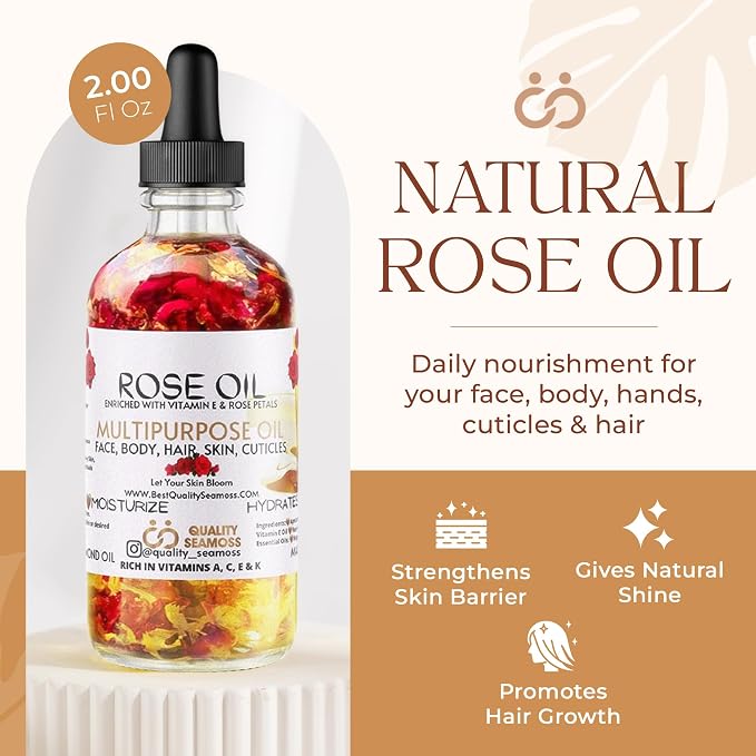 USA Made Multipurpose Rose Oil, Moisturizing Hair & Body Oil, Vitamin E Oil with Apricot, Sweet Almond, and Bergamot Essential Oils for Skin, Body & Face Oil for