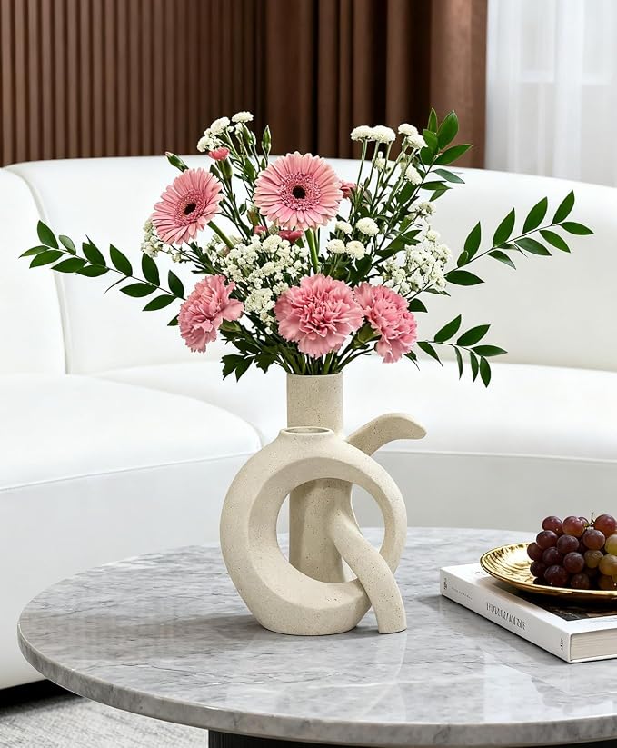 Ceramic Vase Set of 2, OK Shape, Modern Nordic Boho Home Decor - Matte Minimalist Decorative Vases for Living Room, Shelf, Wedding Centerpiece, Table Decor (Cream White)