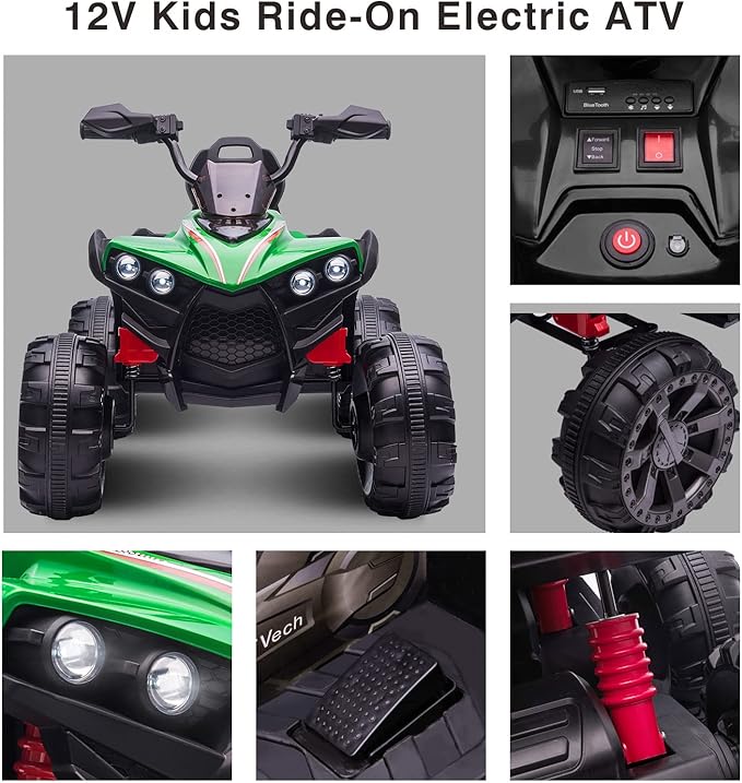 OTTARO 12V Ride on ATV 2 Seater, 4 Wheeler Electric Quad for Kids 3-8 w/ 17" Length Seat, LED Lights, 2 Speeds, Soft Braking, Rear Pedal & Backrest