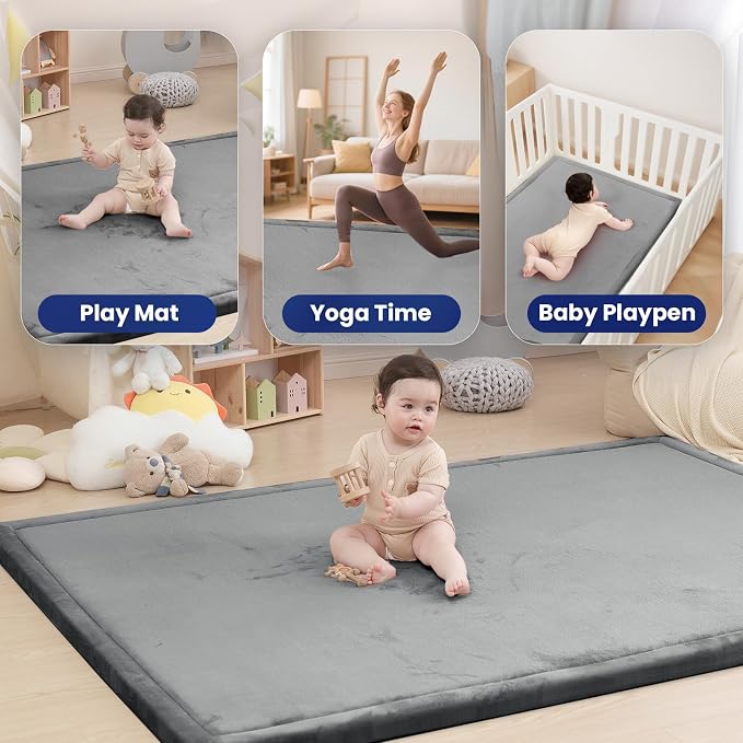 Large 79"x118" Baby Activity Play Mat for Floor,2" Extra Thick Elasti Foam Mat for Tummy Time &Crawling,Non-Slip Nursery Rug for Infants,Toddlers & Kids,Tatami Style for Classroom&Playroom (Dark Grey)