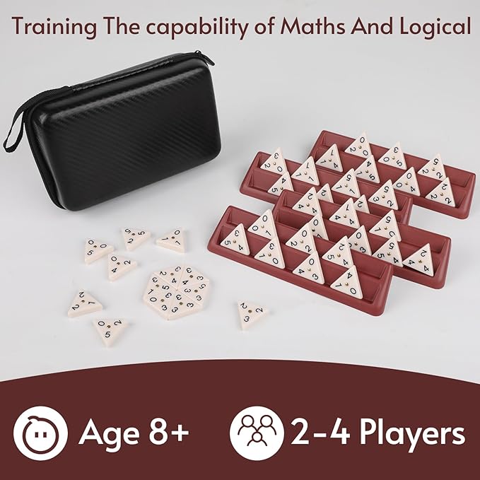 Premium Quality Triangle Domino Game Set with 56 Triangular Domino Tiles, Includes 4 Holders, Classic Family Strategy Board Game for 2-4 Players Kids and Adults