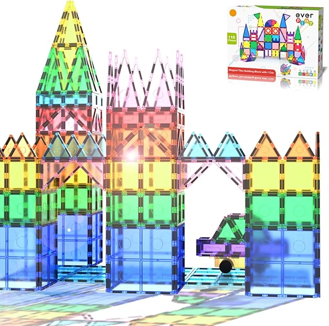 110 pc Magnetic Tiles with Car Set, Building Blocks Toys STEAM Educational Learning Magnet Toy Preschool Montessori Boys & Girls Smart Creative Kit Games Gifts for Age 3+ Kids Toddlers