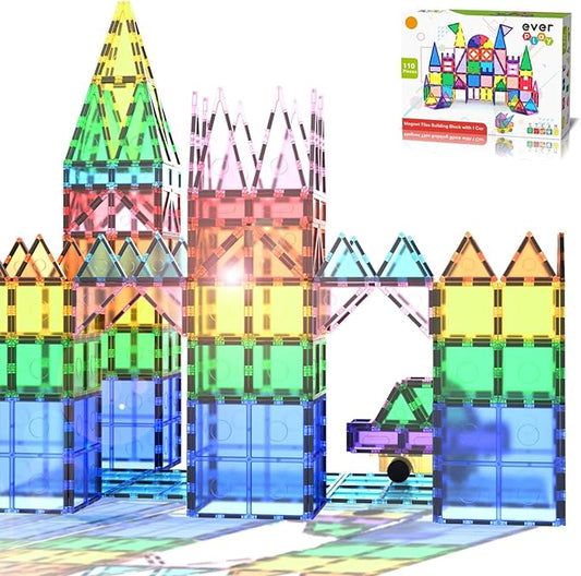 110 pc Magnetic Tiles with Car Set, Building Blocks Toys STEAM Educational Learning Magnet Toy Preschool Montessori Boys & Girls Smart Creative Kit Games Gifts for Age 3+ Kids Toddlers