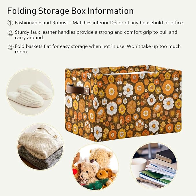 Aslsiy Storage Basket Orange 60s 70s Style Nursery Bins Retro Floral Baby Box Canvas Clothes Shelf Basket Laundry Hamper Gift Baskets for Home Closet 1 Pcs