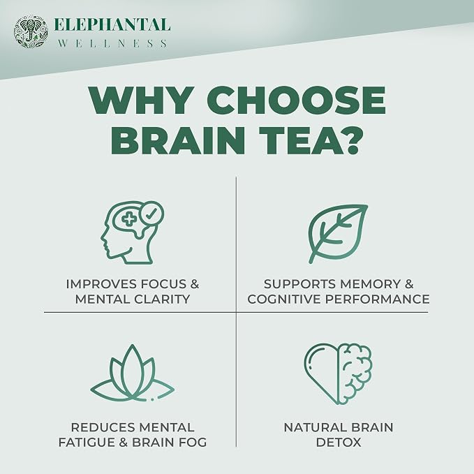 Elephantal Wellness Premium Brain Herbal Tea | Botanical Blend with Ginkgo, Bacopa, Ashwagandha & Gotu Kola | Handmade, Caffeine-Free, Non-GMO Loose Leaf Herbal Tea, 4oz Loose Leaf, 40 Servings