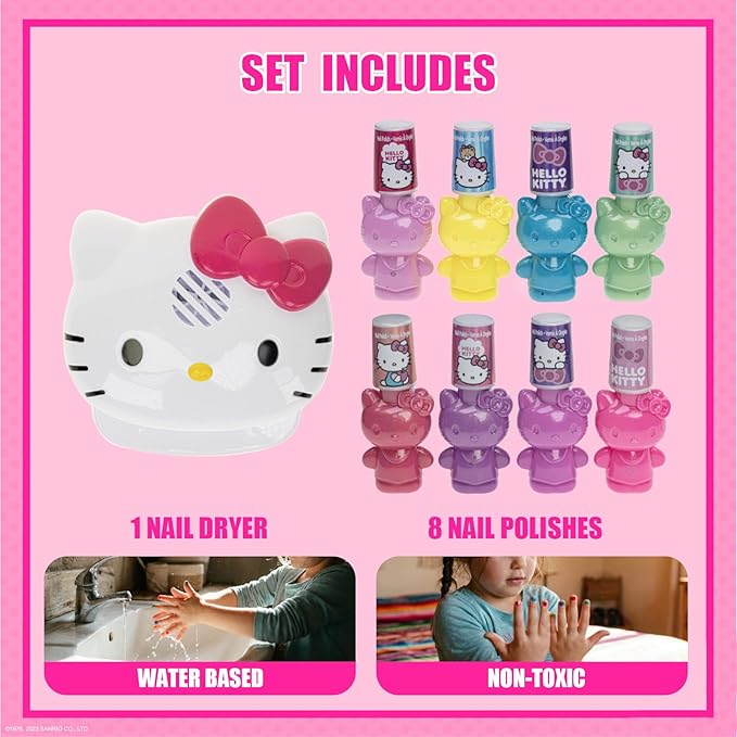 Hello Kitty 8 Pack Non-Toxic Peel-Off Shimmer and Opaque, Water-Based Safe Nail Polish Set with Nail Dryer for Kids, AA Batteries Not Included, Ages 3 and Up by Townley Girl
