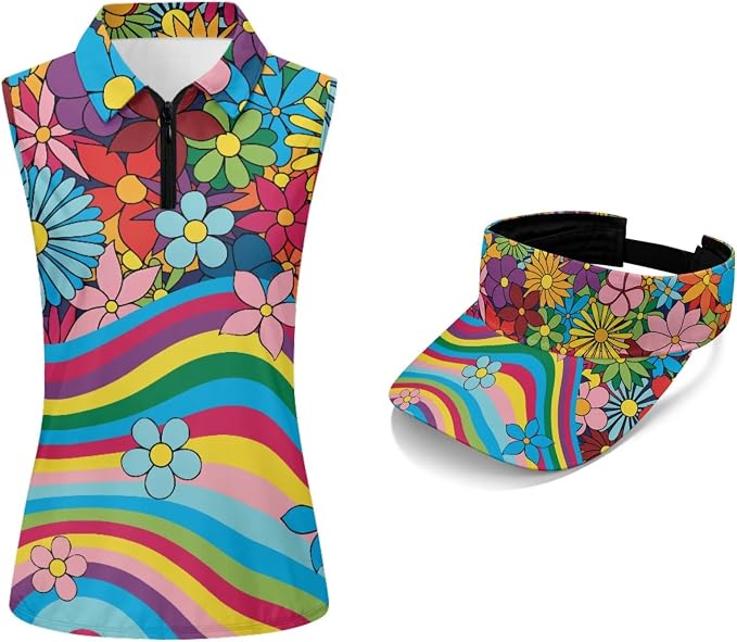 POLERO Golf Tank Top Women Golf Shirts and Visor Hat Collared Racerback Tennis Shirt Set Quarter Zip