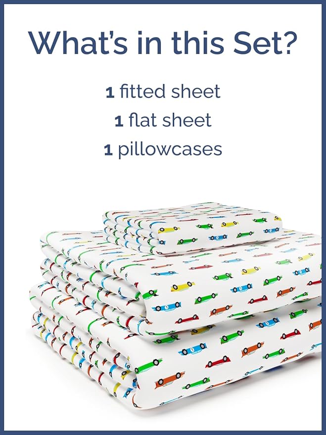 Kids Twin Size Bed Sheet Set - 3 Piece Kids Loft Bed Sheets - Car Racing Themed Bedding - Soft, Cute and Cozy - Breathable & Machine Washable - Cartoon Racing Bed Set for Boys, Girls, Teens & Toddlers