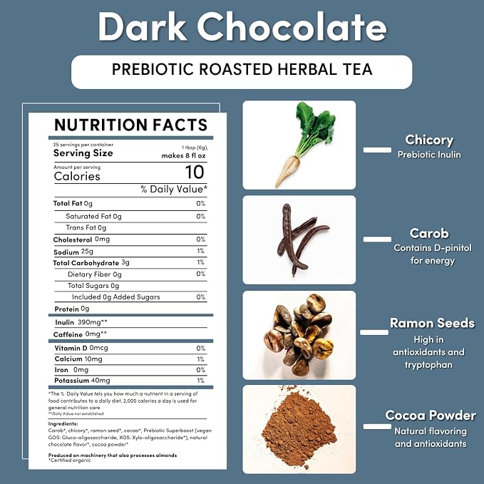 Teeccino Dark Chocolate Prebiotic SuperBoost™ Herbal Tea - Support Your Probiotics with Vegan GOS & Organic XOS For Good Gut Health and Regularity, 25 Tea Bags