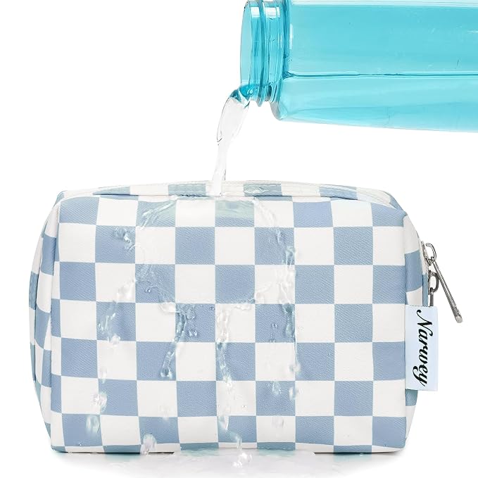 Narwey Small Checkered Makeup Bag for Purse Mini Cosmetic Bag Travel Makeup Pouch Zipper Pouch Cute Make up Bags with Compartments for Women Girls (Small, Sky Blue Checkerboard)