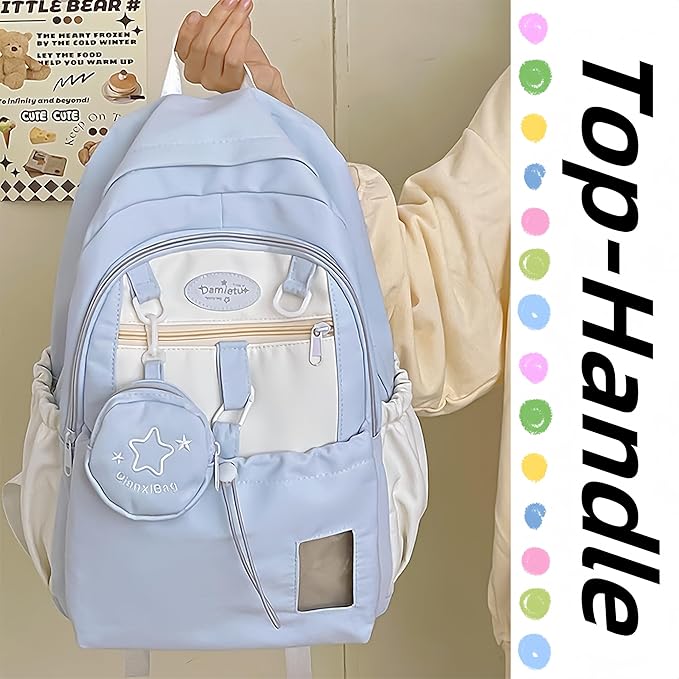 Kawaii Backpack Double Shoulder Bag with Cute Star Removable Pouch Small Clear Front Pocket Large Capacity Fits 16" Laptop Dopamine Colors Daypack (Blue)
