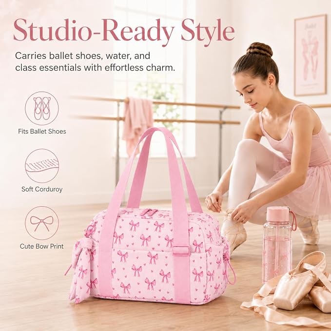 LOIDOU Aesthetic Dance Bag for Girls Corduroy Lightweight Bow Ballet Gymnastic Bag, Small Gym Bag for Women with Wet Dry Pocket, Cute Tote Bag Gifts for Birthday Christmas