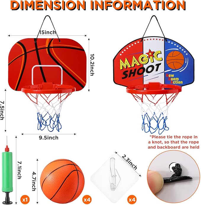 Sosation 2 Pcs Mini Basketball Hoop with 4 Basketball, Sticky Hook, Pump, Indoor No Drilling Basket Ball Hoop Decompress Game for Kid Adult Back to School Gift