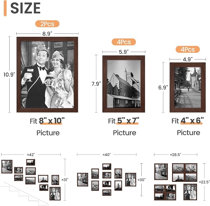 upsimples 10 Pack Picture Frames Collage Wall Decor for Mounting or Tabletop Display, Photo Gallery Frame Set for Family, Multi Sizes Including 8x10, 5x7, 4x6, Brown | Multi Picture Frames Collage Wall Decor, Gallery Wall Frame Set, Gift For Christmas,...