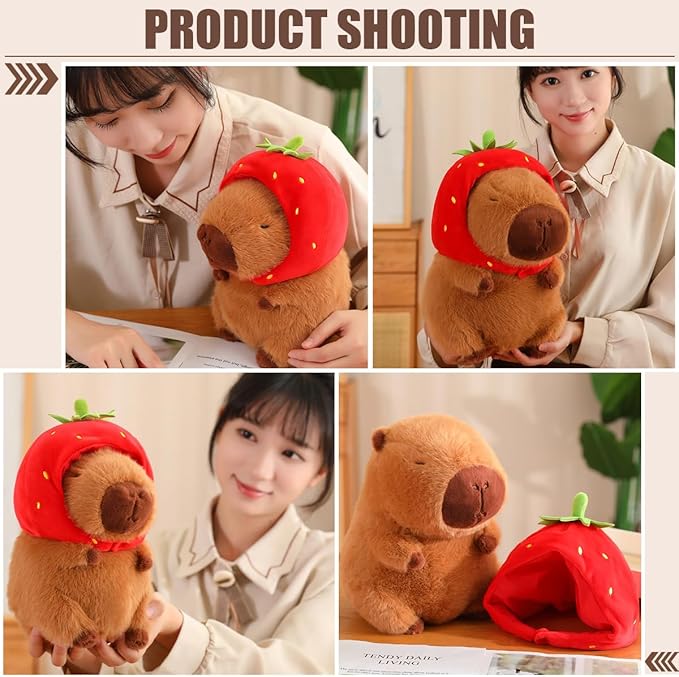 Capybara Plush Toy, Cute Stuffed Animals Kawaii Capibara Plush Pillow Christmas Birthday Easter Valentine's Day Gift for Kids Boys Girls (9" Strawberry Capybara)