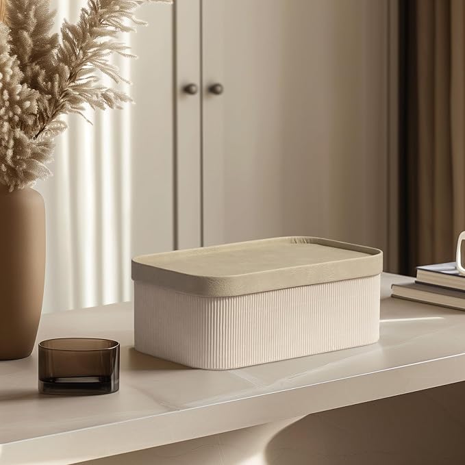 La Jolie Maison Decorative Storage Boxes with Lids Faux Leather, 3 Pack | Ivory Faux Leather Lids, Fluted Cardboard Storage Basket, Organizer for Jewelry, Shelves, Bedroom & Closet Storage Memory Box