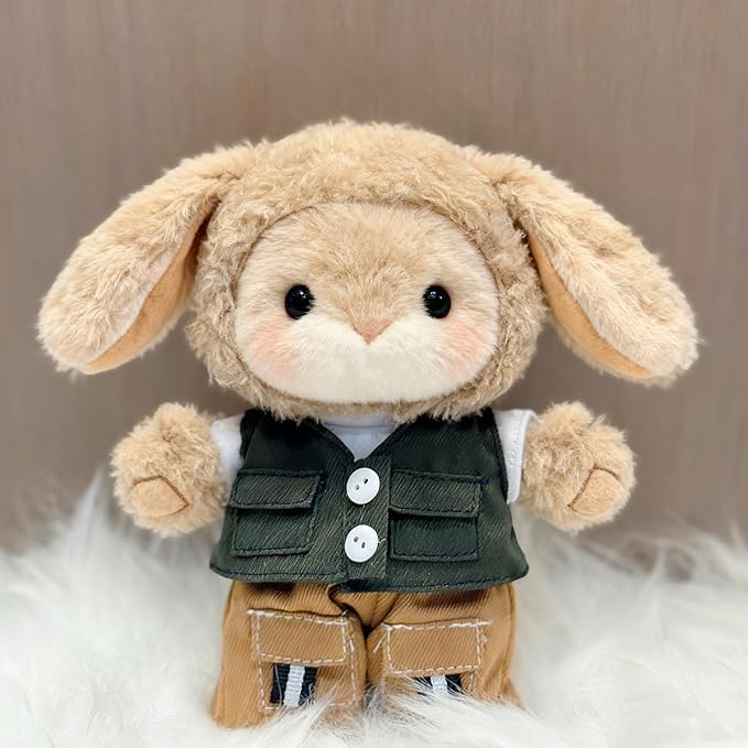 Doll Clothes Set for 15cm/17cm Dolls Outfit Accessories, White T-Shirt + Dark Green Vest + Brown Jeans + Clothes Hanger, No Doll Included (NO Dolls)