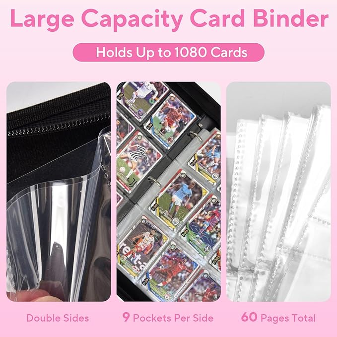 Portable 9-Pocket Trading Card Binder, Holds 1080 Cards with 60 Removable Sleeves Baseball Card Binder, Compact Card Album Organizer for Game & Sports Cards, Pink Color