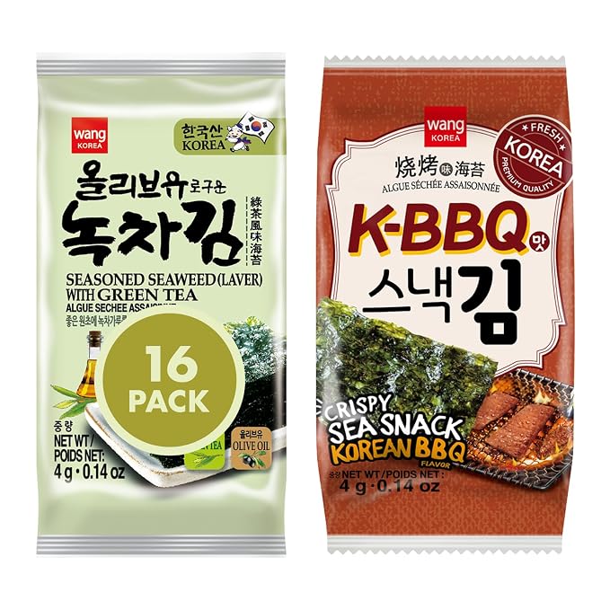 Wang Korean Seaweed Snack, Olive Oil with Green Tea and K-BBQ