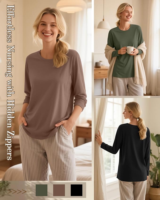 3 Pack Nursing Tops for Breastfeeding Maternity Shirts Zipper Long Sleeve Round Neck Knit Casual Nursing Clothes