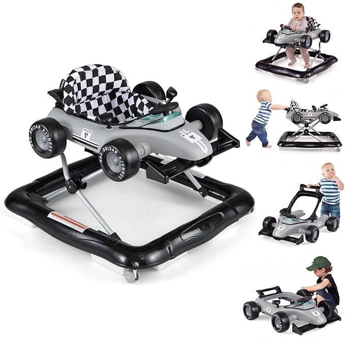 HONEY JOY Baby Walker, 4-in-1 Foldable Infant Activity Push Walker, Toddler Car Walker with Adjustable Heights, Music, Lights, Padded Seat, Baby Walker with Wheels for Boys Girls 6-18 Months (Gray)