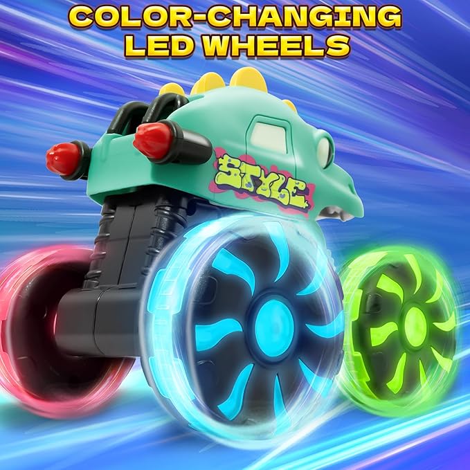 Green Dino Monster Truck – LED Light-Up Press and Go Toy Car for Toddlers Age 2 3 4 5 – Dinosaur Truck with Flashing Wheels and Chomping Mouth for Boys and Girls