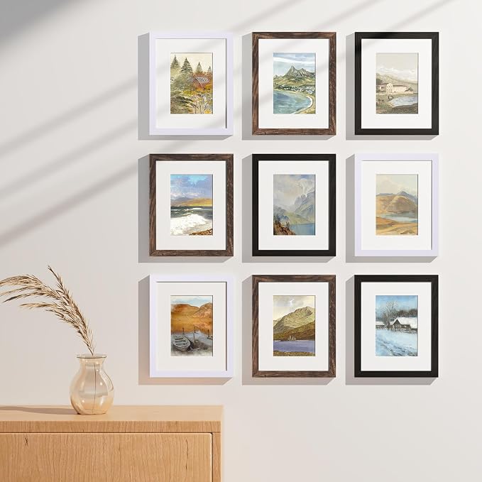 Vittanly 8x10 Picture Frames Set of 9, Wall & Tabletop, Black&Brown&White | Display Pictures 5x7 with Mat or 8x10 without Mat, Small Photo Frames, Engineered Wood with Shatter Resistant Plexiglass