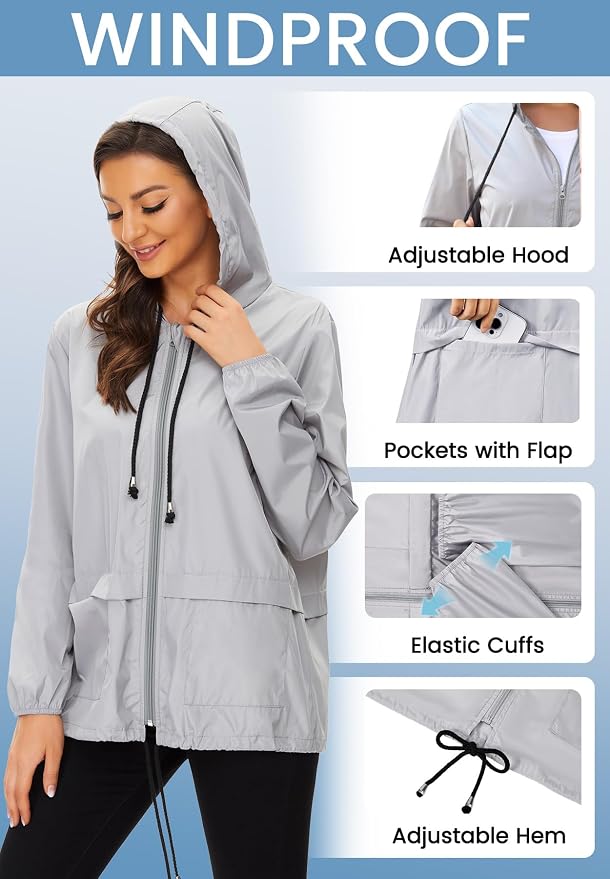 Zando Lightweight Rain Jacket Women Packable Waterproof Raincoat with Hood | Windbreaker Jacket Women, Light Raincoats for Drizzle, Rain Coats for Travel, Hiking and Commute