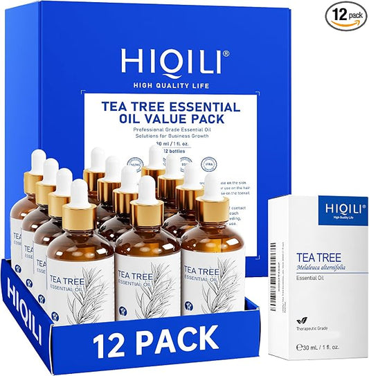 HIQILI Tea Tree Oil Set - 1 fl oz (12 Pack), Bulk Pack for Biz Purchase | Ideal for Nail Care, Hair Care, Skin Care, Diffuser, DIY, Holiday Gift & Home Use