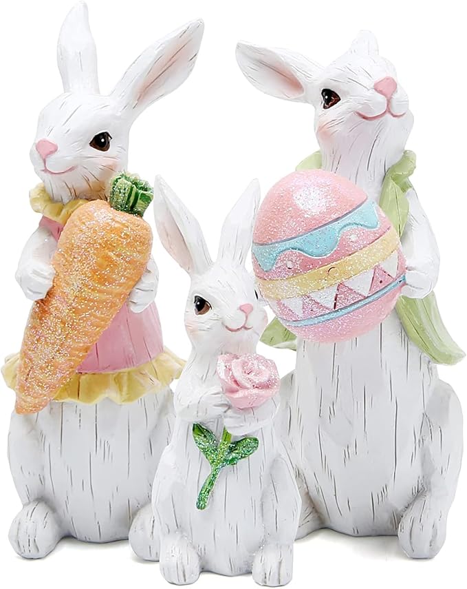 Hodao Easter Bunny Family Figurines, Hand-Painted Resin Rabbit Decor Set with Carrot, Flower & Easter Egg, Rustic Farmhouse Spring Tabletop Decorations, Cute for Home, Shelf, Mantel