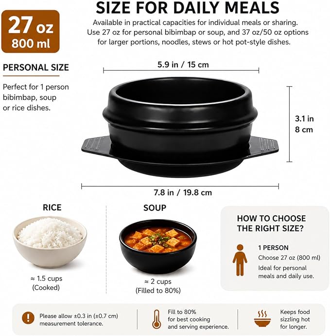 XICHENGSHIDAI Korean Stone Bowl, Dolsot with Tray, 27 Oz, Black | Heat-retaining bowl with tray for bibimbap, soup, stew and ramen; suitable for gas stovetops and ovens, not induction.
