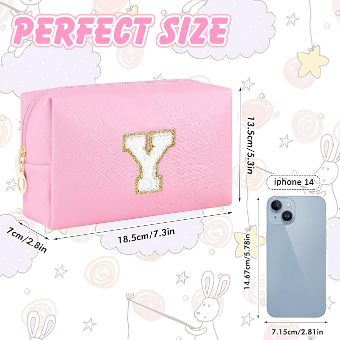 URSKYTOUS Initial Makeup Bag Personalized Preppy Travel Small Cosmetic Bag Cute PU Pink Chenille Letter Makeup Pouch for Purse Waterproof Zippered Toiletry Organizer for Women Girls Kids Friends (Y)