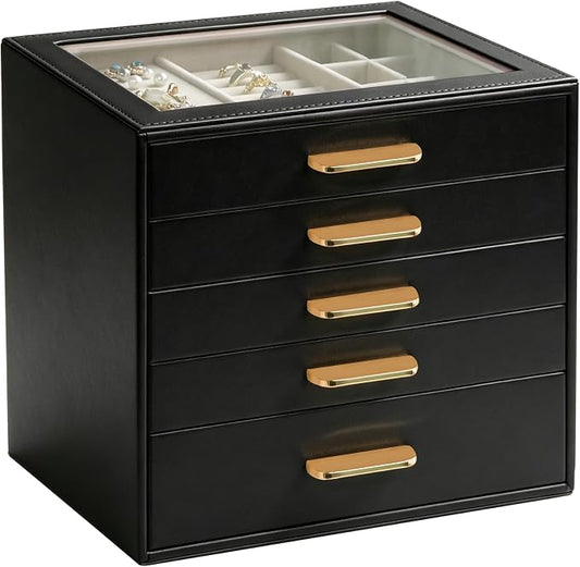 Homeanda Jewelry Boxes Organizer with Glass Lid, 5-Layer PU Leather, Black | Modern style display case with 5 drawers for daily jewelry, women, mom or girl gift