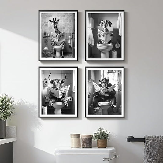 Framed Black and White Bathroom Wall Art Decor, 4 Piece Modern Animal Canvas Prints Painting Artwork, Dog Highland Cow Giraffe Sitting on Toilet Reading Newspaper Pictures for Toilet Restroom, 11x14