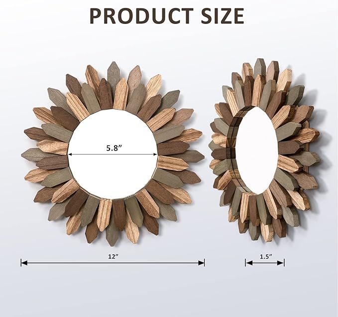 Boho Wall Decor Mirror 2 Pack 12 inch Rustic Wood Decorative Mirror for Room Decor Rustic Farmhouse Wall Decor for Bedroom Bathroom Living Room Entryway Tril Color
