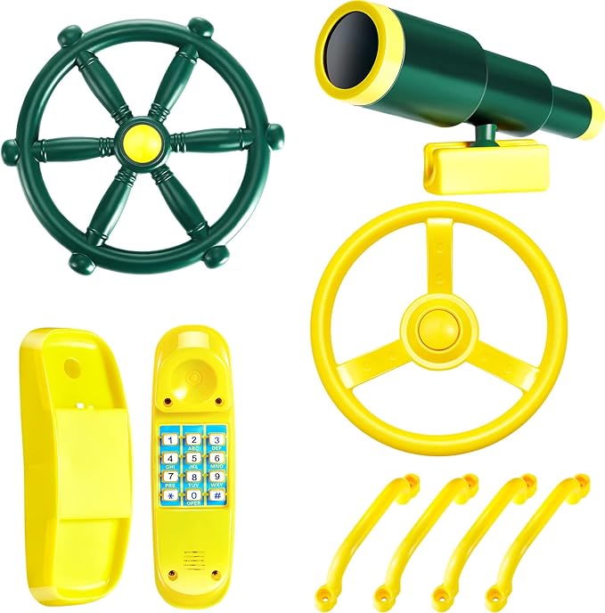 Playground Accessories Backyard Pirate Plastic Ship Playset Plastic Playground Equipment Set with Ship Wheel, Telescope, Safety Handlestoy Phone for Outdoor Playhouse Treehouse Playset(Yellow, Green)
