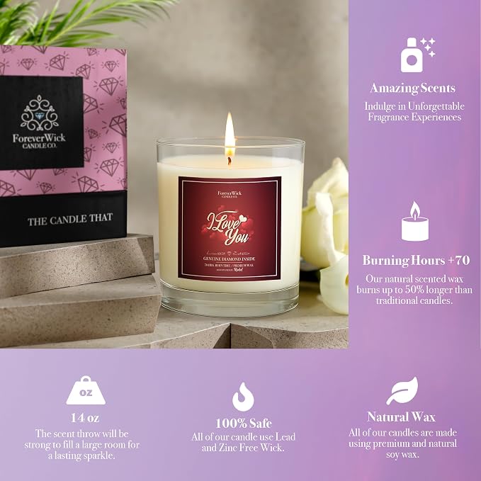 I Love You Surprise Candle with Diamond Inside | Foreverwick Candles | Scented Soy Candles Gifts for Women Anniversary Candle Wax | Romance Candles All-Natural Organic Soy Candle 14oz | 70h