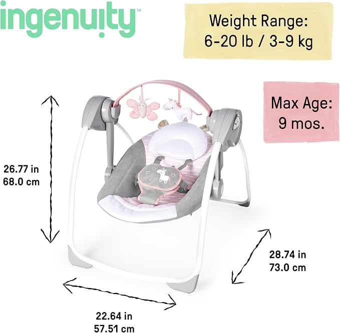 Ingenuity Comfort 2 Go Compact Portable 6-Speed Cushioned Baby Swing with Music, Folds Easy, 0-9 Months 6-20 lbs (Pink Flora the Unicorn)