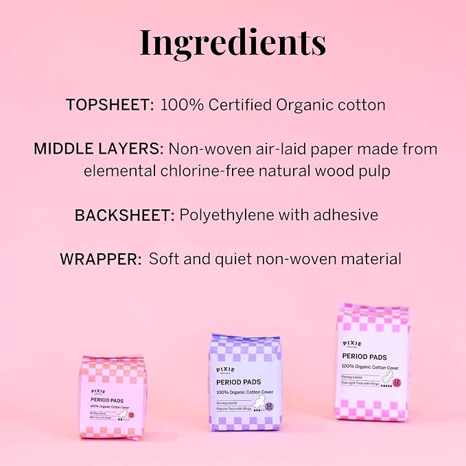 Pixie Organic Pads Ultra Thin Cotton with Wings for Women - Leak-Proof & Moisture-Wicking for Feminine Care - Compostable, Unscented Menstrual Pads - Regular Absorbency - FSA Eligible - 48 Count