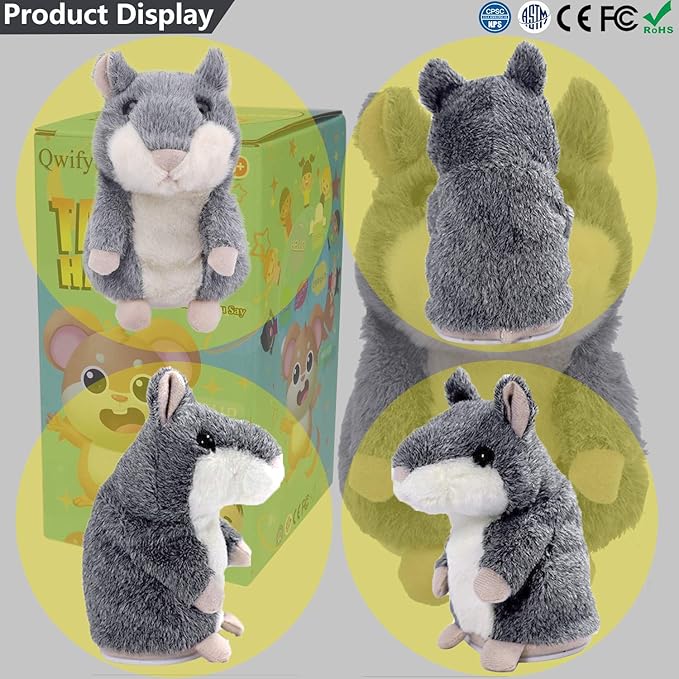 Talking Hamster, Interactive Stuffed Plush Animal Talking Toy Cute Sound Effects with Repeats Your Said Voice, Best Buddy for Kids Gift Age 3+ (Gray)