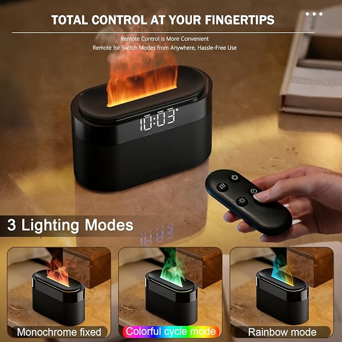 Aroma Diffuser with Flames & Digital Clock, 7 Colors Light Effect Fragrance Oil Diffuser, 150ml Humidifier with Remote Control, Clock Function, Timer, Waterless Auto-Off (Black)