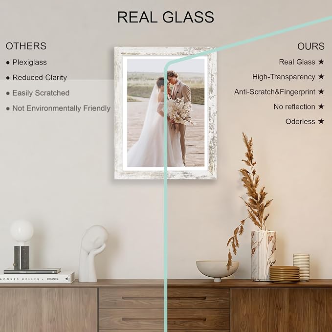 Hongkee 11x15 Picture Frame Set of 4, Made of Real Glass and Distressed White Frame - Display Picture 10x14 with Mat or 11x15 Without Mat, 11 by 15 Photo for Wall Mounting