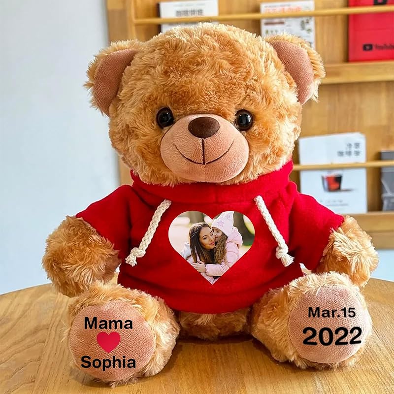 Custom Bear Plush with Picture Text Logo, 11 Inch Personalized Teddy Bear Stuffed Animal, Christmas Birthday Gift for Girls Boys Kids Adults Valentines Graduation Keepsake (Hoodie