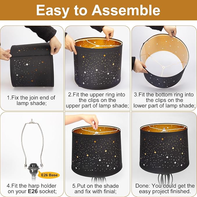Black Drum Lampshades Set of 2 with Sky Stars Design, 11.6" x 12.6" x 9.8" | Fabric Lamp Shades for Table Lamps, Floor Lamps, Modern Lampshade for Bedroom, Spider, Harp Holders Included, Easy Assembly
