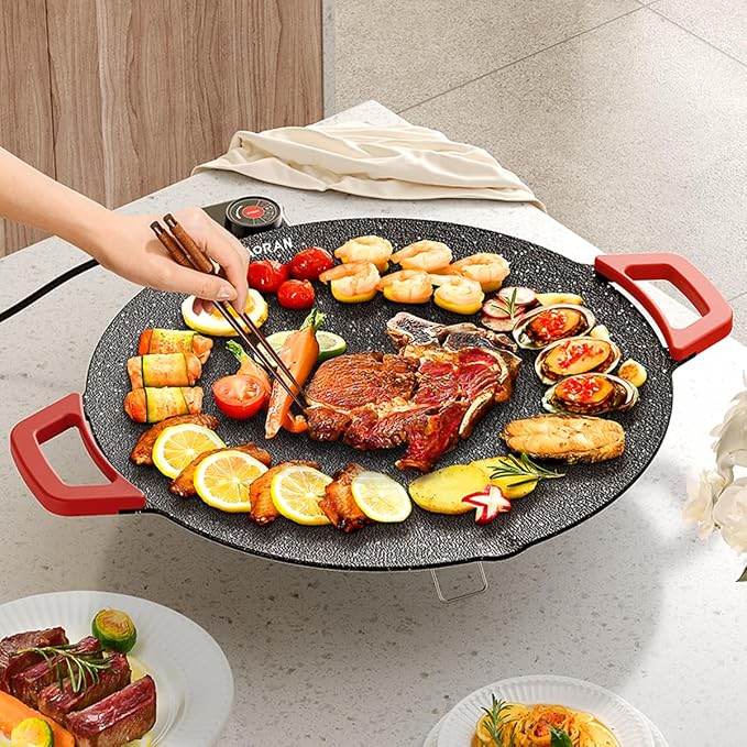 AORAN Indoor Grill Electric Smokeless Set – Nonstick Electric Griddle for Indoor Use, Compact & Versatile Cooking for Steaks, Pancakes & BBQ, Includes Silicone Spatula, Oil Brush & Food Tongs