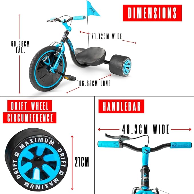 Drift Trike for Kids Ages 5+ – 16" Front Wheel Ride-On with Adjustable Seat, Steel Frame, Rear Slick Drift Wheels & Safety Flag – Madd Gear - (Black Blue)