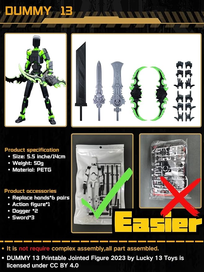 (Assembly Completed) T13 Action Figure, 5.5 Inch 3D Printed Multi-Jointed Movable Dummy 13 Toy,Dummy 13 Robot Action Figure with Lots of Weapons, Black Green
