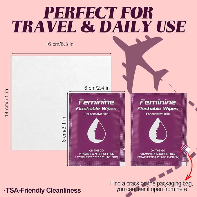 twoworld 50 Feminine Wipes Flushable Travel Individually Wrapped | Travel Wipes for Women,Feminine Care Wet Wipes Travel Size Vaginal Wipes for Adult,Girl and Homeless(Unscent)