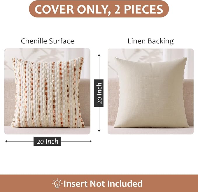 ANRODUO Boho Decorative Throw Pillow Covers Cream Rust 20x20 Inch Set of 2 | Chenille Tufted Pillow Covers, Woven Throw Pillow Covers with Raised Stripes, Neutral Pillowcase for Couch Sofa Living Room
