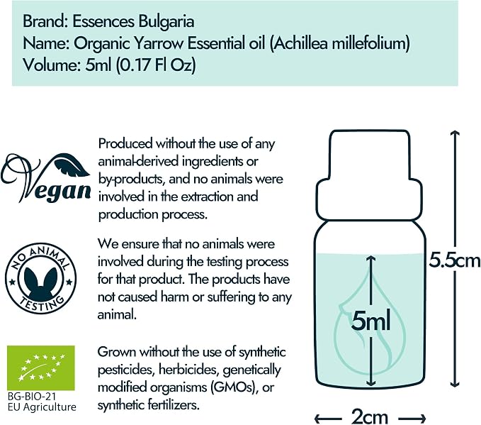 Essences Bulgaria Organic Yarrow Essential Oil 1/6 Fl Oz | 5ml | Achillea millefolium | 100% Pure and Natural | Undiluted | Therapeutic Grade | Family Owned Farm | Steam-Distilled | Non-GMO | Vegan